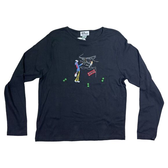 All Points Shirt Woman's Large Black Combo Crew Neck 100% Cotton Embroidered Tee - Picture 1 of 10